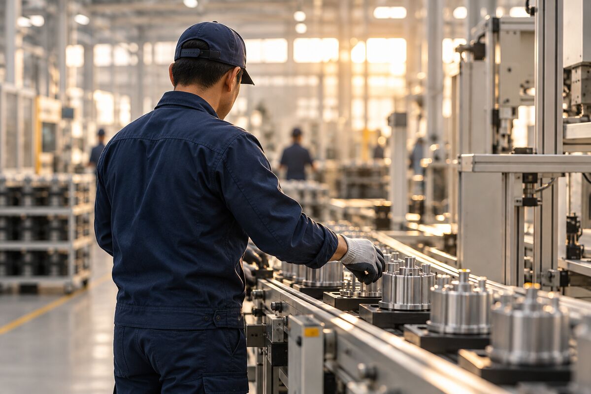 Работник проверява детайли на поточна линия