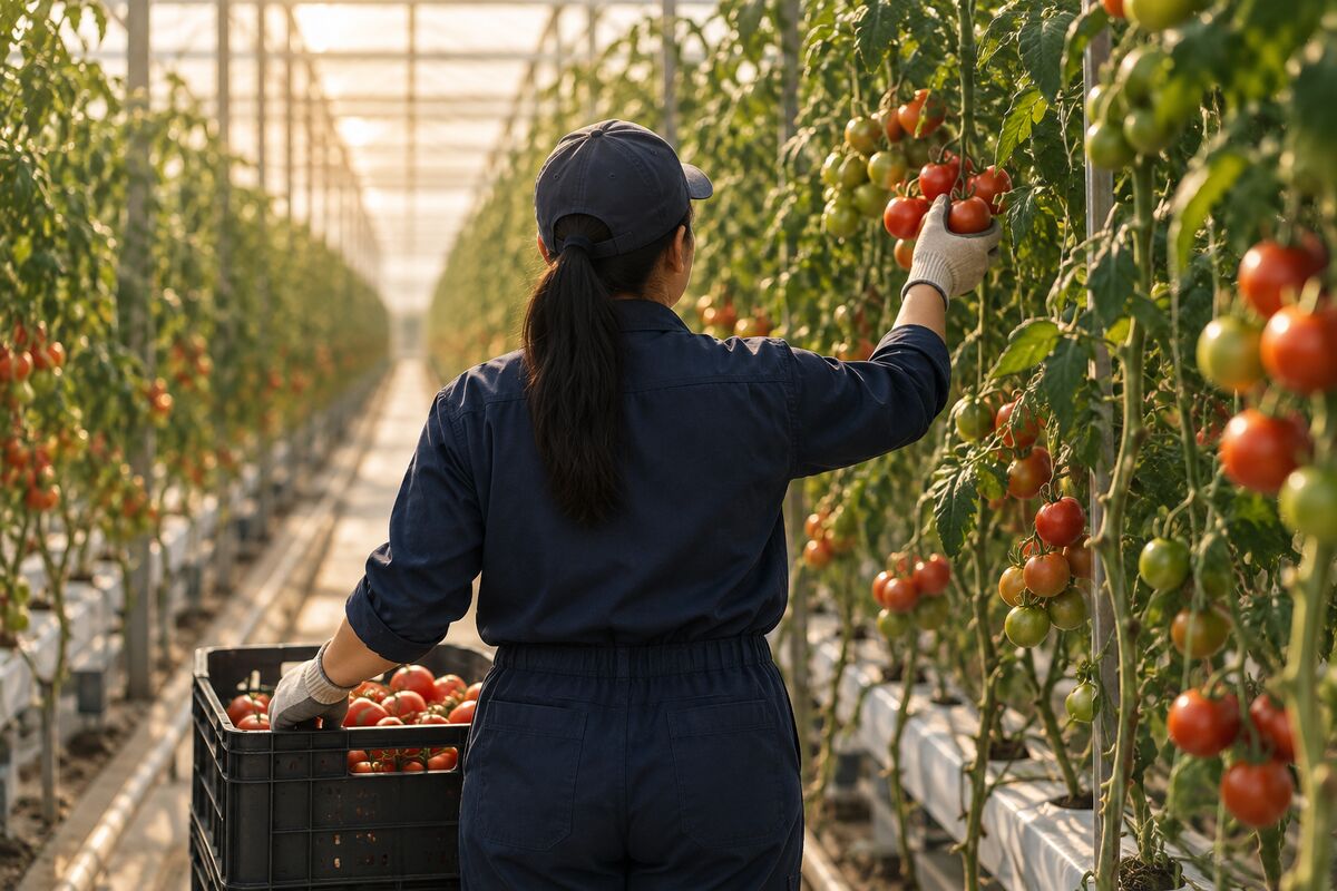 A worker picking tomatoes in a greenhouse